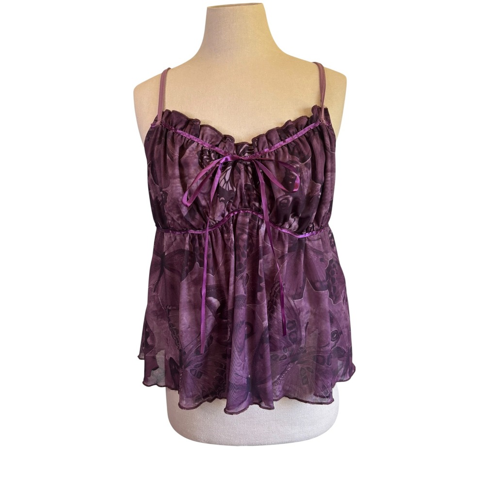 Women Butterfly Mesh Cami Top Sz L Purple Y2K Fairycore Bow Empire waist